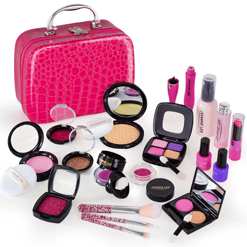 A pink kids pretend play makeup set featuring various cosmetic items and a safe mirror.