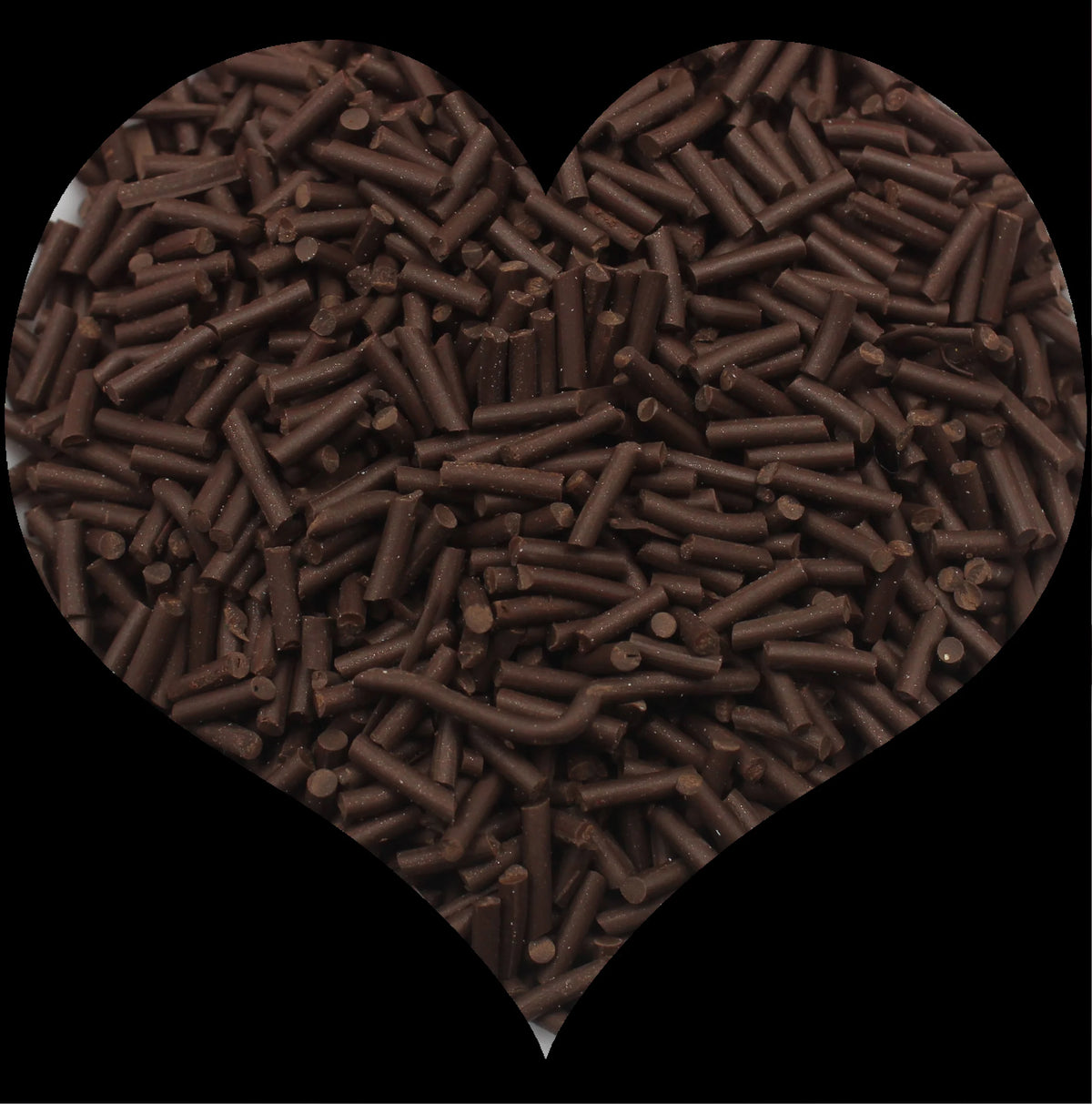 A heart shape filled with dark brown, cylindrical polymer clay candy sprinkles for cake decorating.