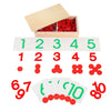 A wooden Montessori math learning set featuring a spindle box and geometric shapes including numbers 1 through 10.