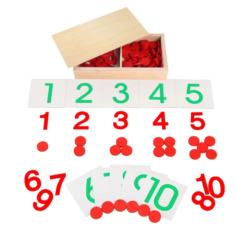 A wooden Montessori math learning set featuring a spindle box and geometric shapes including numbers 1 through 10.