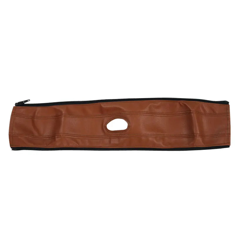 Brown leather strap accessory kit for strollers featuring a mosquito net and rain cover