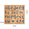 A wooden alphabet box showing blue letter cards arranged in a grid for learning.