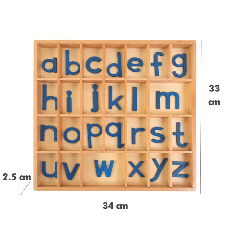 A wooden alphabet box showing blue letter cards arranged in a grid for learning.