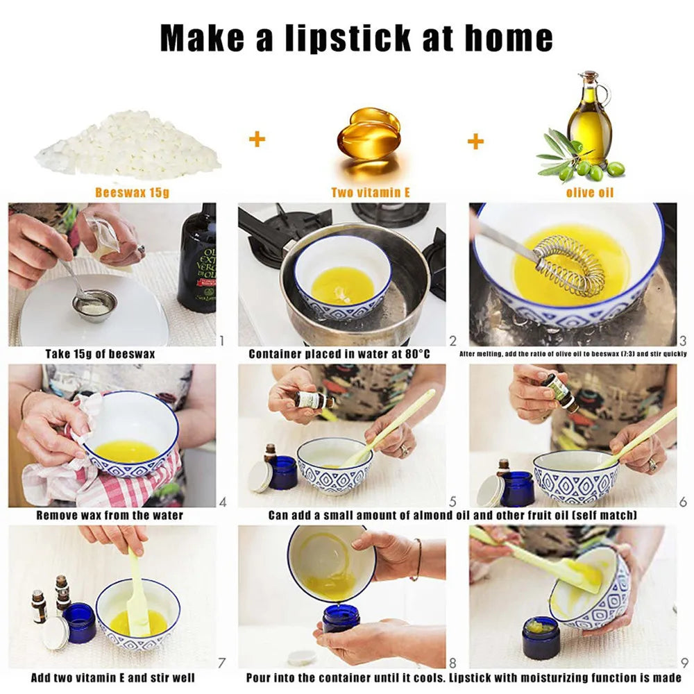 Instructions showing how to make a lipstick at home using beeswax, vitamin E, and olive oil.