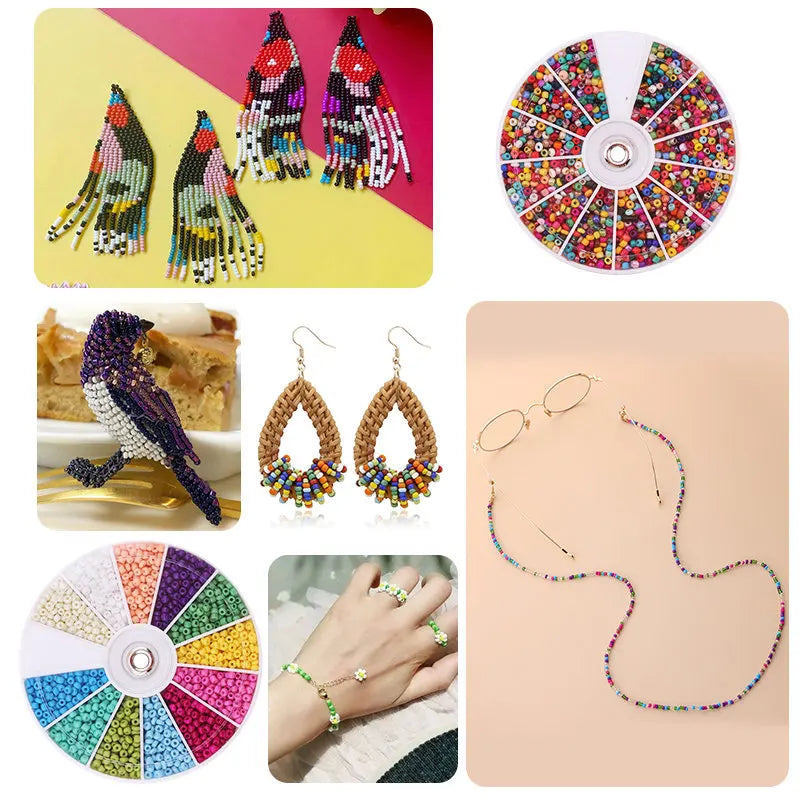 A collection of glass seed beads and a circular bead kit for DIY jewelry making including various colors and shapes