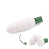 A white magnetic wooden fruit and vegetable cutting toy set with green handles.