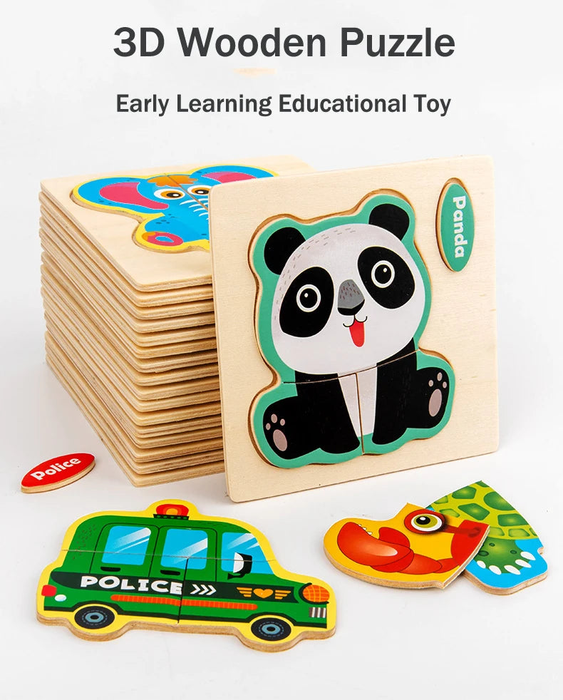 Wooden 3D Cartoon Animal Jigsaw Puzzle for Kids