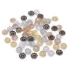 A collection of gold plated flower petal bead caps for jewelry making in various silver, gold, and bronze finishes.