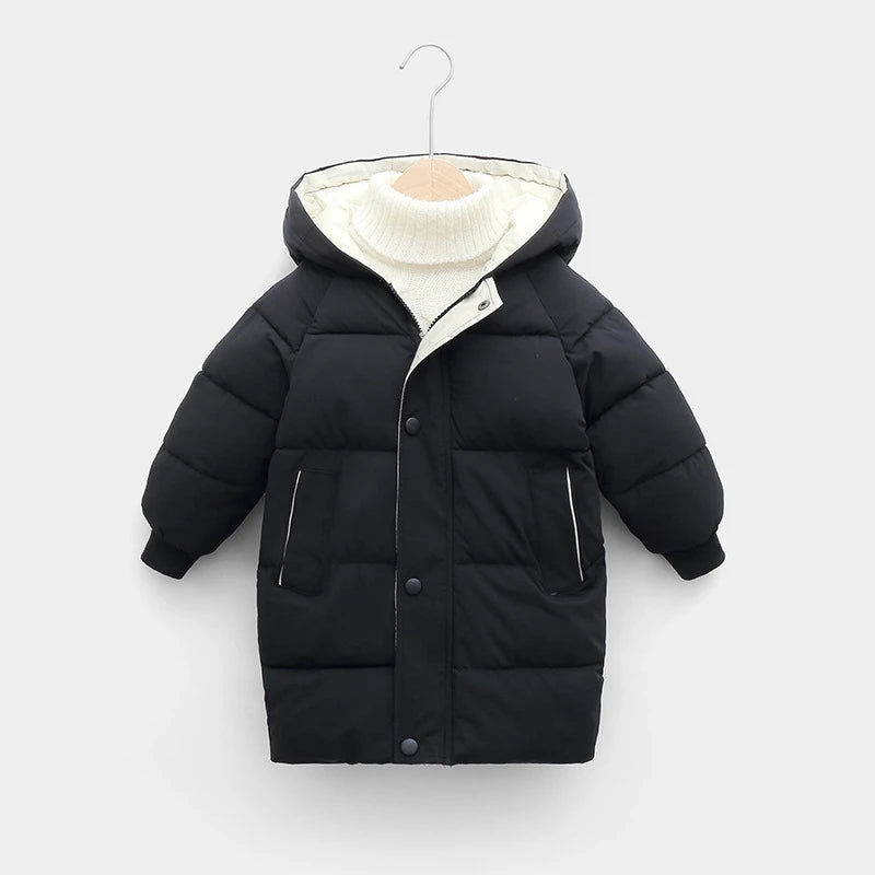 Black kids' thick cotton-padded parka jacket with a cream sherpa lining and hood