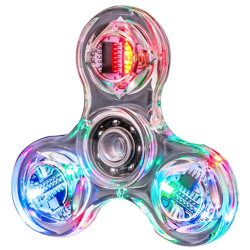A clear fidget spinner with a light-up LED mechanism showing various colors and patterns.