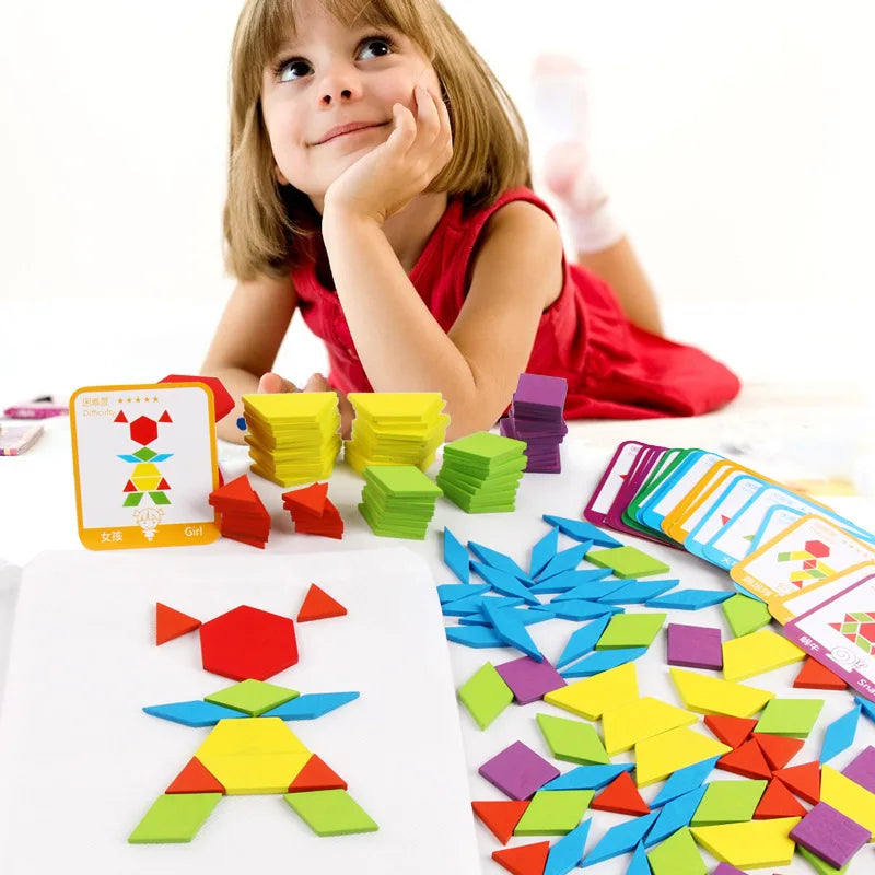 155-Piece Wooden Jigsaw Puzzle Set for Kids – Colorful Montessori Geometric Shapes Learning Toy