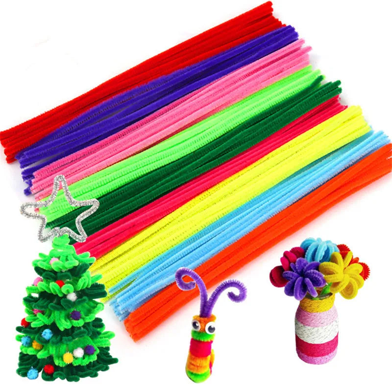 A colorful set of 100 pipe cleaners in various bright colors like pink, purple, green, and orange for DIY crafts.