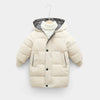 A beige kids' padded parka jacket with a hood displayed on a hanger.