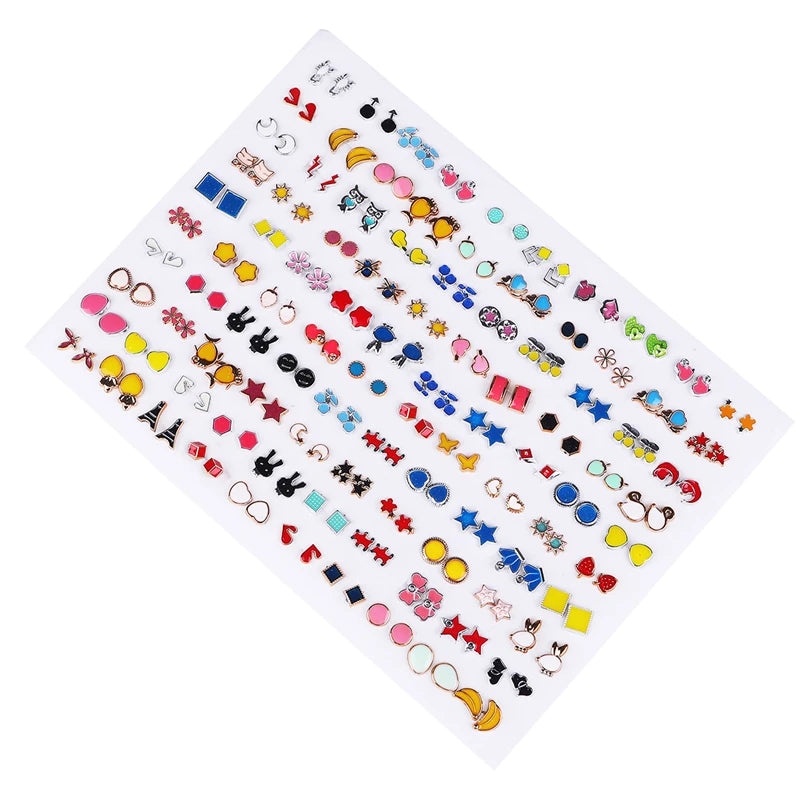 A collection of assorted acrylic stud earrings featuring hearts, stars, moons, and other designs.