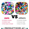 Comparison of high quality glass seed beads showing uniform shape and size versus uneven shape and size.