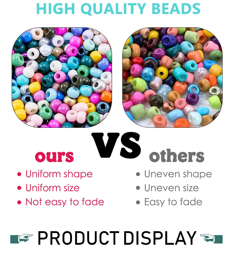 Comparison of high quality glass seed beads showing uniform shape and size versus uneven shape and size.