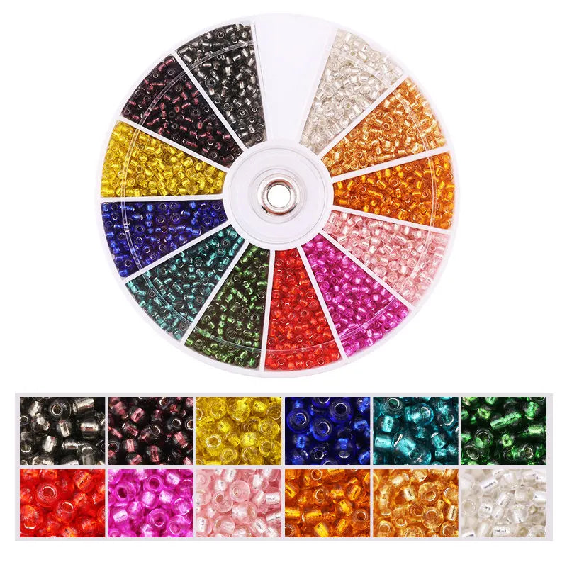 A circular display of 12 colors of glass seed beads for DIY jewelry making kit.
