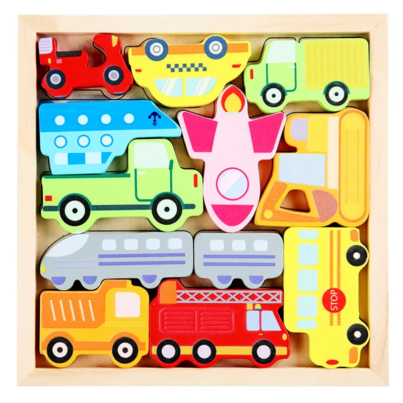 A wooden puzzle board featuring colorful 3D shapes of cartoon animals and fruit for toddlers.