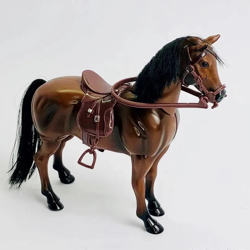 A dark brown horse figure with a brown leather saddle and riding bridle accessory.