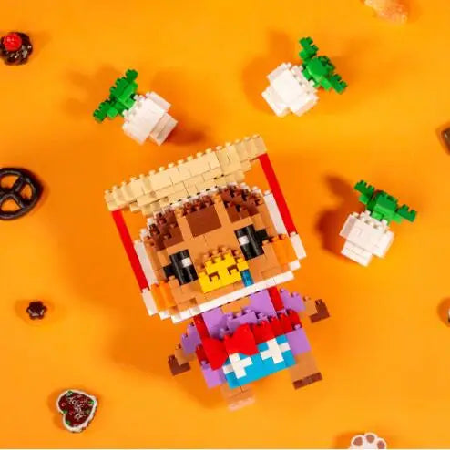 A creative animal friends building blocks set featuring a brown animal figure and green accessories on an orange background.