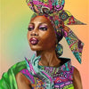 A portrait of a woman with vibrant, colorful African print fabric headwrap and clothing.