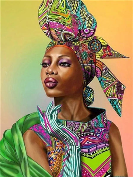 A portrait of a woman with vibrant, colorful African print fabric headwrap and clothing.