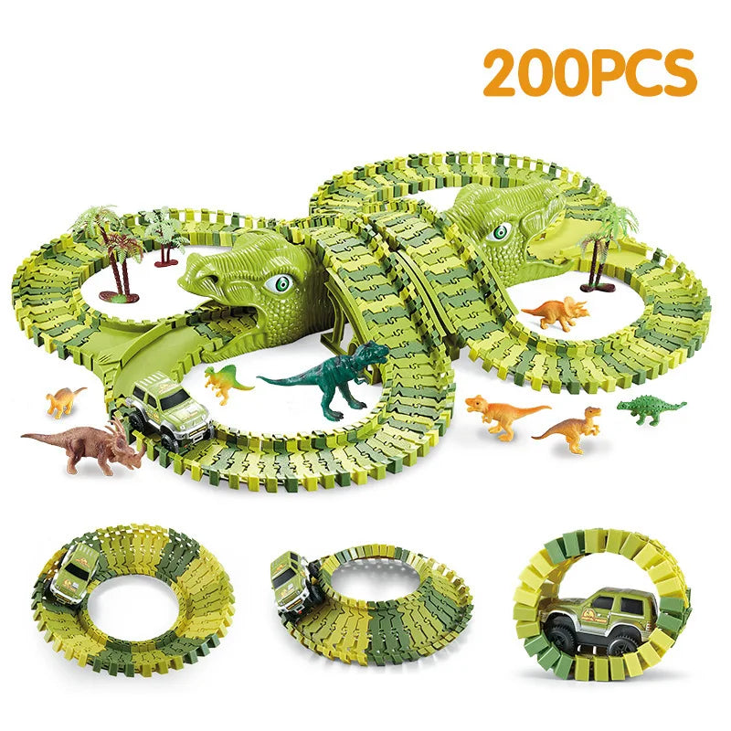 A set of 200 plastic dinosaur LED flexi-track racing cars and track pieces.