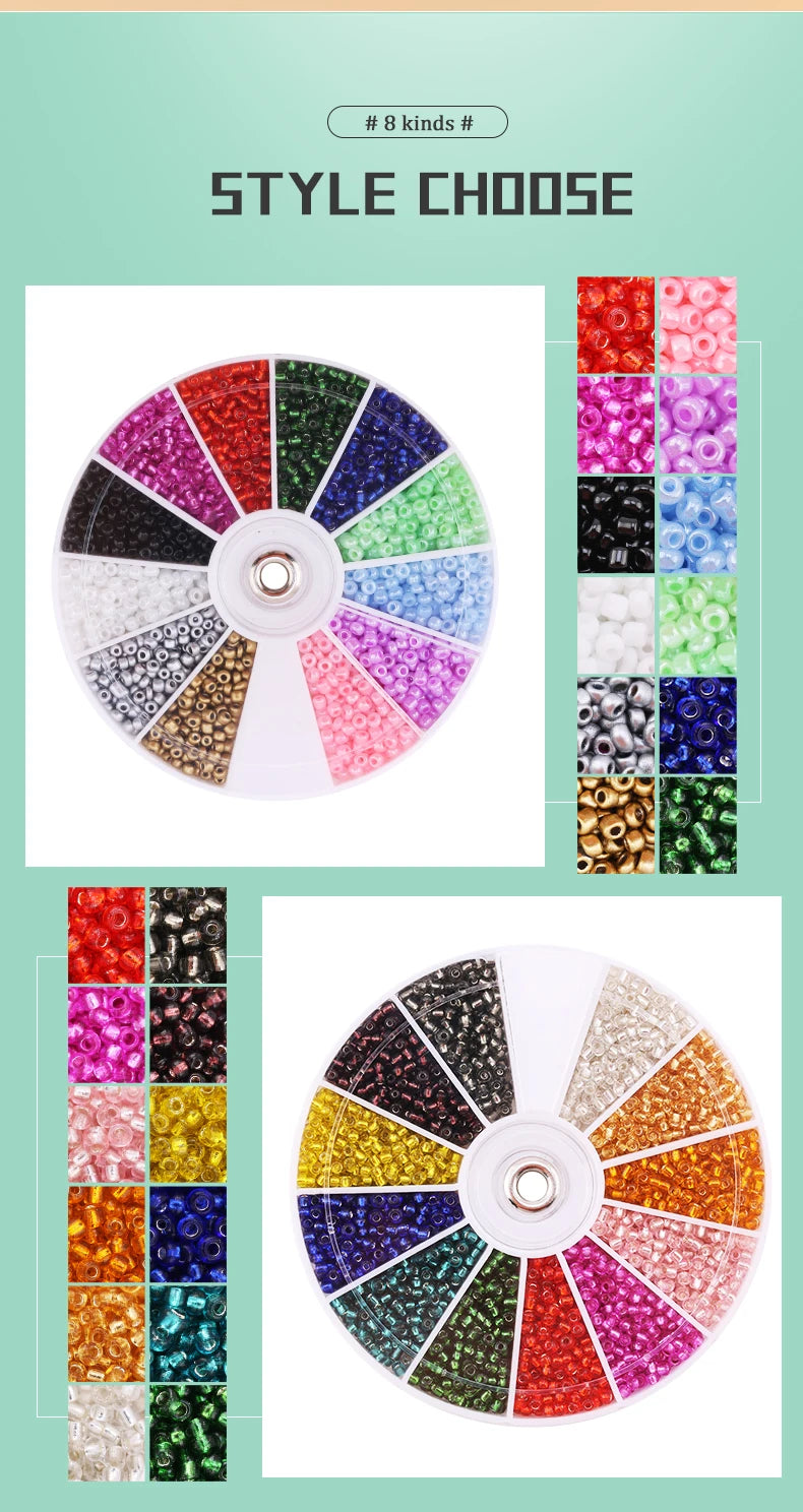 A variety of 12 colors of glass seed beads arranged in a circular display for DIY jewelry making