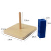 A wooden Montessori sensory toy set consisting of a flat board and a cylindrical dowel, shown with dimensions.