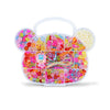 A clear plastic container filled with assorted colorful acrylic beads for DIY jewelry making