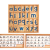 A wooden alphabet box containing blue letter cards for both uppercase and lowercase letters.