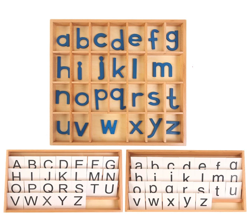A wooden alphabet box containing blue letter cards for both uppercase and lowercase letters.