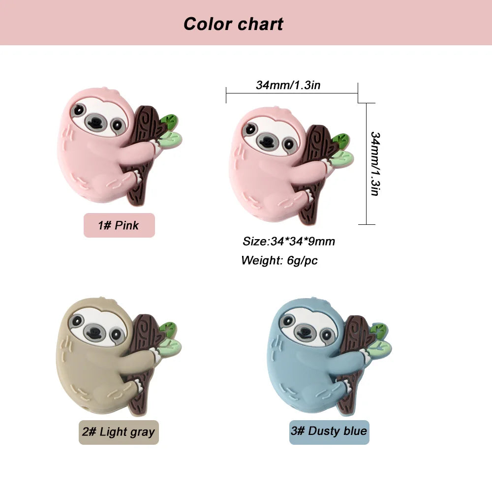 Color chart showing three sloth silicone beads in pink, light gray, and dusty blue with size specifications.