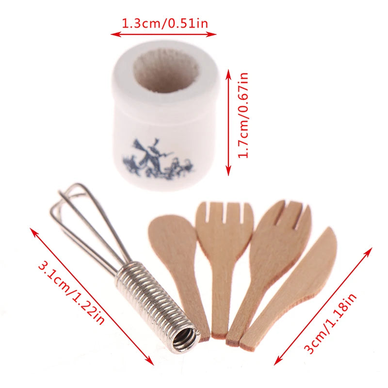 A set of miniature wooden utensils and a white ceramic pot with a blue design.