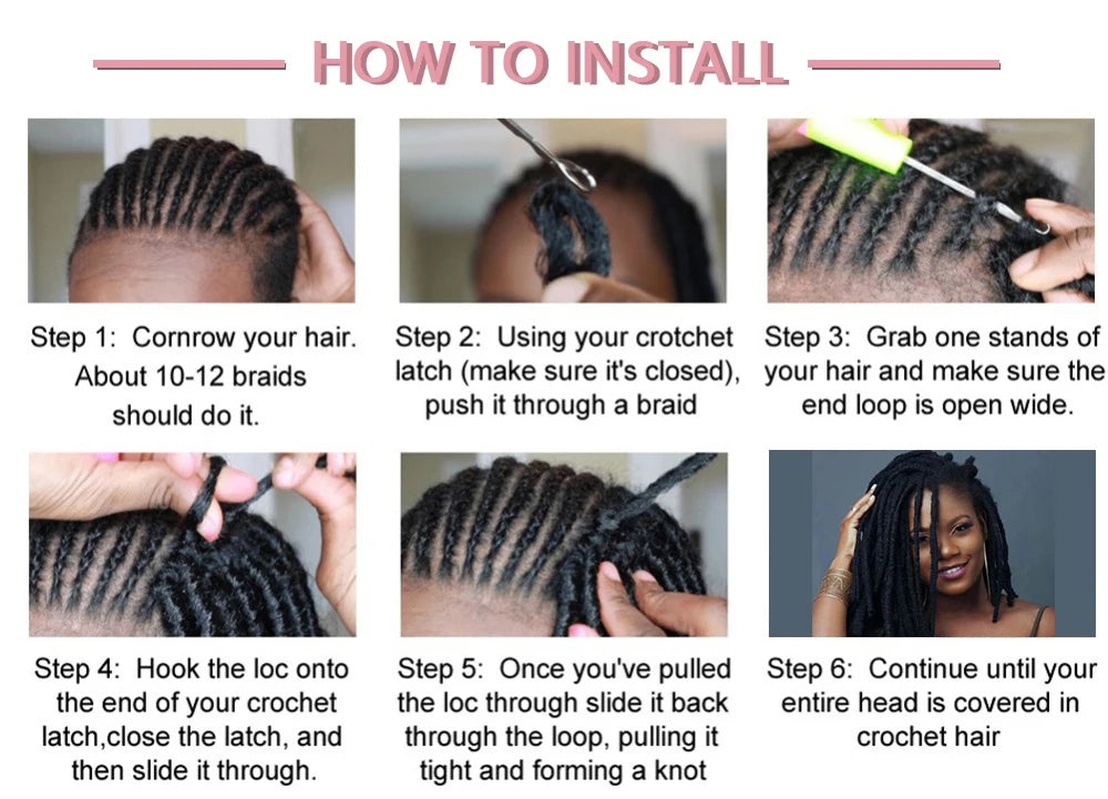 Instructions for installing Goddess Faux Locs crochet hair extensions showing steps for braiding and knotting
