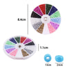 A circular palette of 12 colors of glass seed beads for DIY jewelry making, showing various shades and sizes.