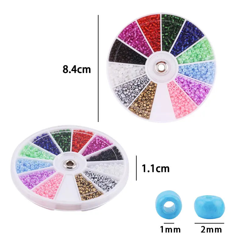 A circular palette of 12 colors of glass seed beads for DIY jewelry making, showing various shades and sizes.