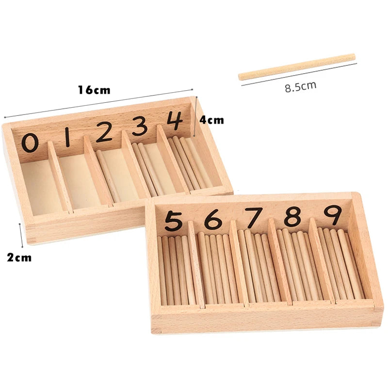 Wooden Montessori math learning set with a spindle box showing numbers 0 through 9