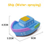A blue and purple cartoon soft rubber bath toy shaped like a boat with a yellow top, used for water spraying.