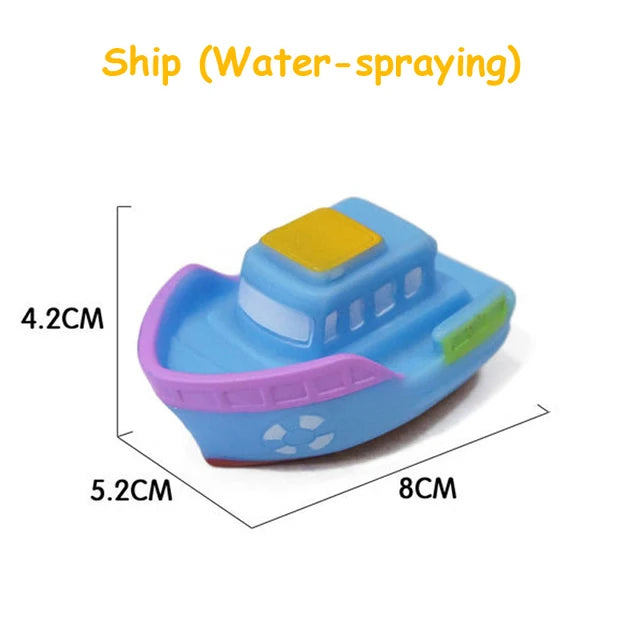 A blue and purple cartoon soft rubber bath toy shaped like a boat with a yellow top, used for water spraying.