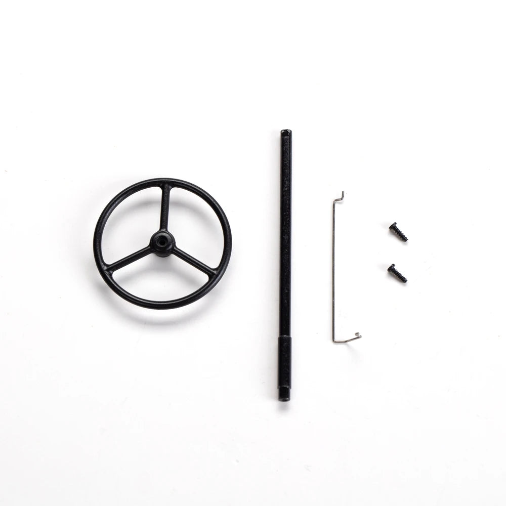 A set of 1:12 scale RC car steering wheel and interior upgrade parts including a wheel, a rod, and small fasteners.