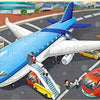 A colorful scene featuring an airplane and various vehicles, suitable for a wooden cartoon jigsaw puzzle.