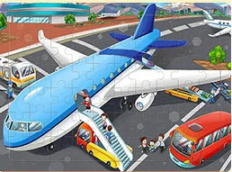 A colorful scene featuring an airplane and various vehicles, suitable for a wooden cartoon jigsaw puzzle.
