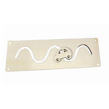 A light beige wooden Montessori busy board featuring a white, wavy, serpentine design and a small wooden clasp.