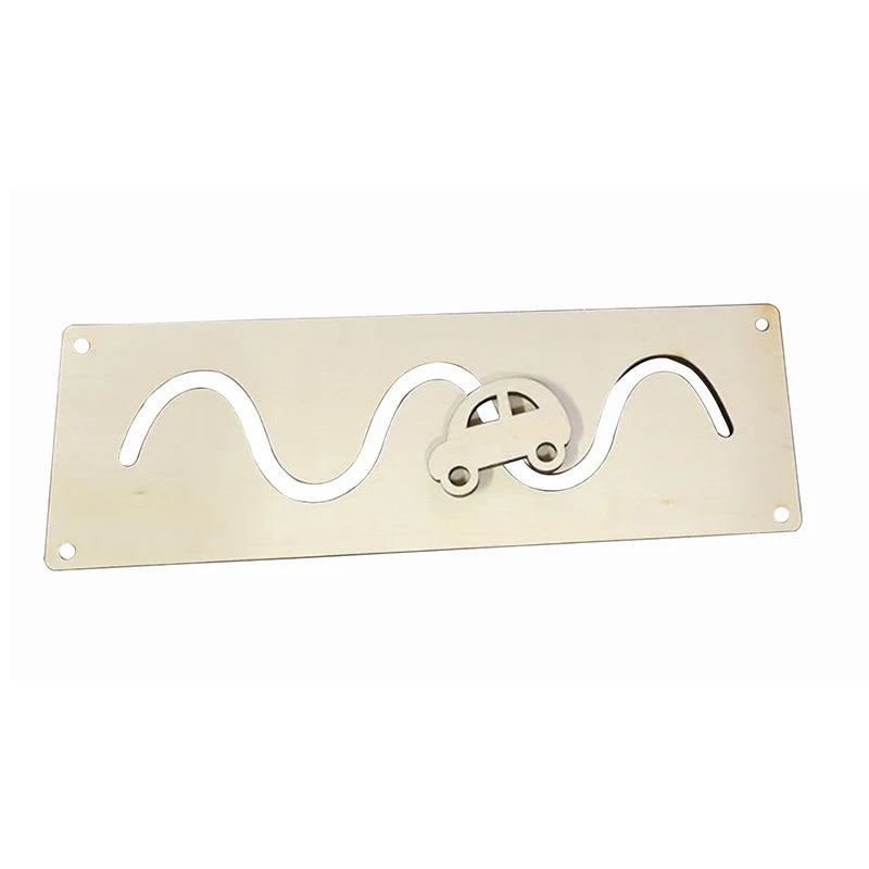 A light beige wooden Montessori busy board featuring a white, wavy, serpentine design and a small wooden clasp.