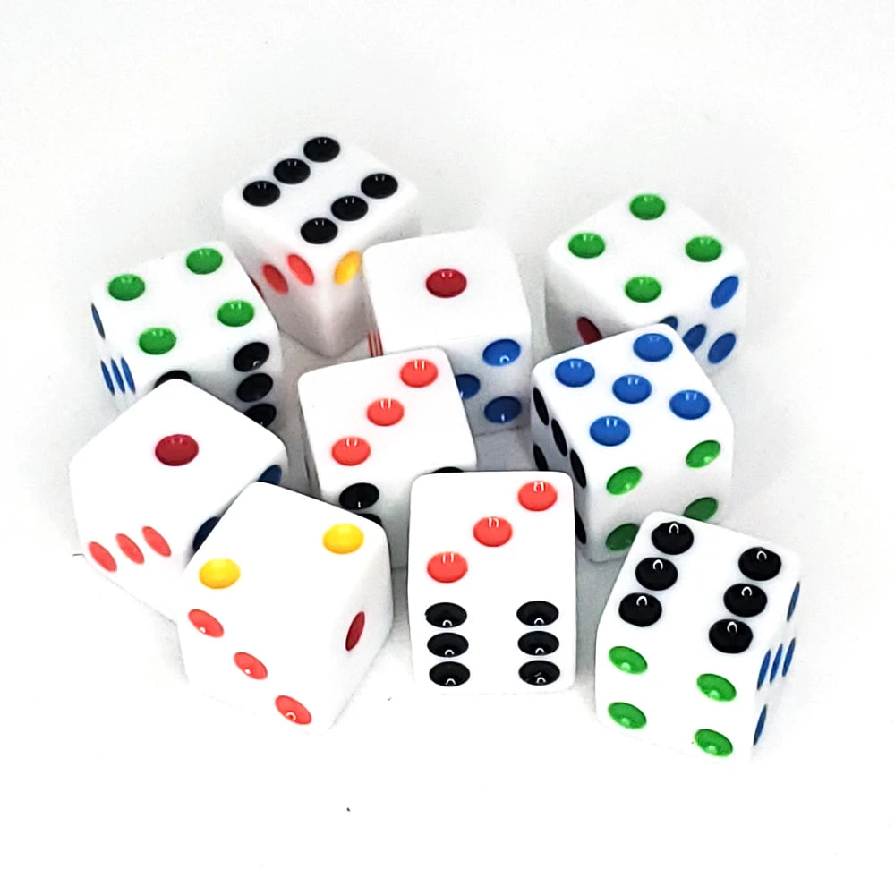 Classic White Acrylic Dice Set – 16mm with Colorful Dots