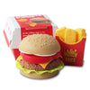 A red box containing a burger toy and french fries, with a fully assembled burger on the bottom.