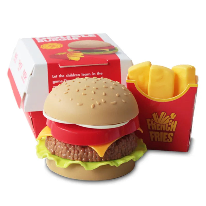 A red box containing a burger toy and french fries, with a fully assembled burger on the bottom.