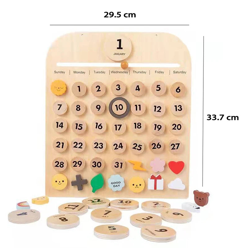 A wooden daily calendar board showing the month of January with numbered days and various icons for learning.