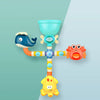 A colorful bath toy set featuring a sliding duck, a clear funnel, and a yellow rubber duck.